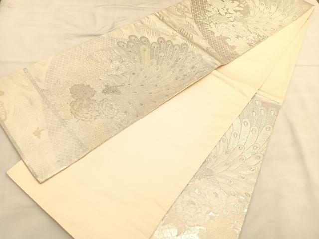 平和屋着物◎六通柄袋帯　唐織　美保姿　孔雀花文　銀糸　正絹　逸品　BAAU1446hv
