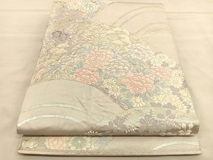 平和屋着物◎六通柄袋帯 唐織 草花文 銀糸 正絹 逸品 BAAU1473hv
