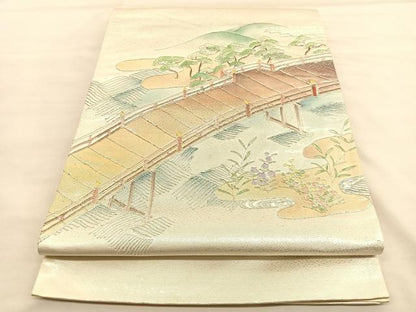 平和屋着物◎太鼓柄袋帯 駒刺繍 渡橋浜松文 銀糸 引箔 正絹 逸品 BAAU1474hv
