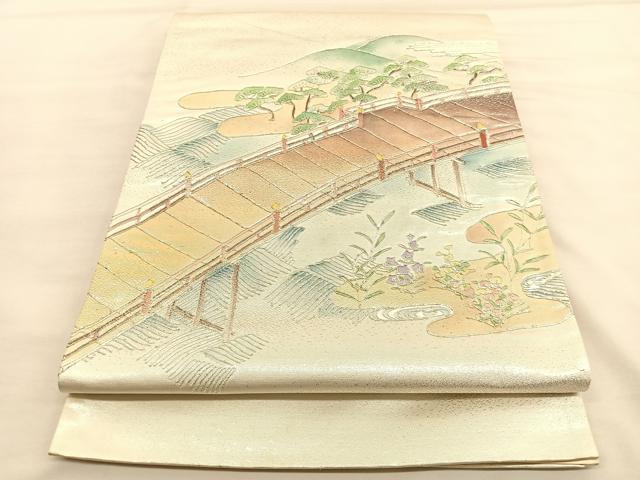 平和屋着物◎太鼓柄袋帯 駒刺繍 渡橋浜松文 銀糸 引箔 正絹 逸品 BAAU1474hv