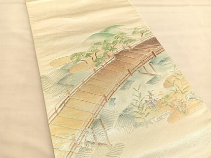 平和屋着物◎太鼓柄袋帯 駒刺繍 渡橋浜松文 銀糸 引箔 正絹 逸品 BAAU1474hv
