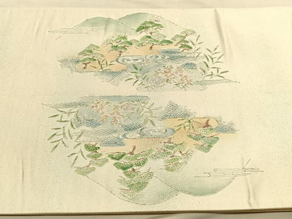 平和屋着物◎太鼓柄袋帯 駒刺繍 渡橋浜松文 銀糸 引箔 正絹 逸品 BAAU1474hv