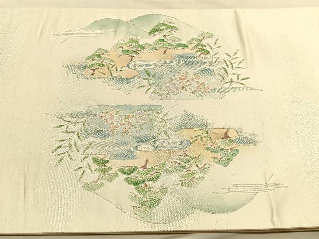 平和屋着物◎太鼓柄袋帯 駒刺繍 渡橋浜松文 銀糸 引箔 正絹 逸品 BAAU1474hv