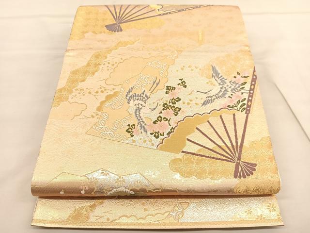 平和屋着物◎六通柄袋帯　唐織　扇面蒔絵花文　金銀糸　正絹　逸品　BAAU1477hv