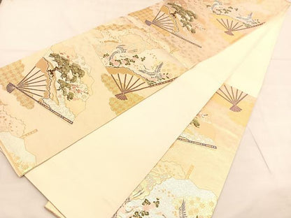平和屋着物◎六通柄袋帯　唐織　扇面蒔絵花文　金銀糸　正絹　逸品　BAAU1477hv