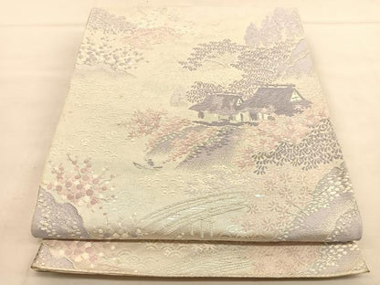 平和屋着物◎六通柄袋帯 唐織 風景文 銀糸 正絹 逸品 BAAU1486hv
