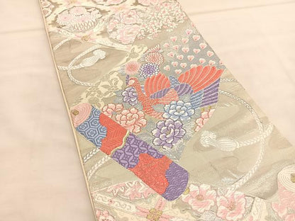 平和屋着物◎六通柄 本袋帯 唐織 絵巻物草紙紋 純プラチナ箔 正絹 逸品 BAAU1539hv