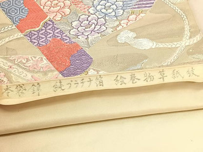 平和屋着物◎六通柄 本袋帯 唐織 絵巻物草紙紋 純プラチナ箔 正絹 逸品 BAAU1539hv
