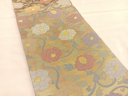 平和屋着物◎六通柄袋帯 牡丹唐草文 金糸 正絹 逸品 BAAU1541hv