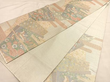 平和屋着物◎宝珠本佐賀錦　六通柄袋帯　色紙飛鶴花文　九百錦　金銀糸　正絹　逸品　BAAU1542hv
