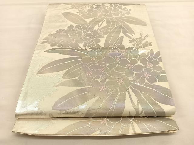 平和屋着物◎六通柄袋帯　草花文　銀糸　引箔　正絹　逸品　BAAU1544hv