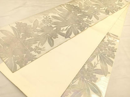 平和屋着物◎六通柄袋帯　草花文　銀糸　引箔　正絹　逸品　BAAU1544hv