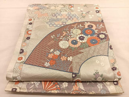 平和屋着物◎六通柄袋帯 唐織 献上扇面菊花文 プラチナ箔 正絹 逸品 BAAU1547hv