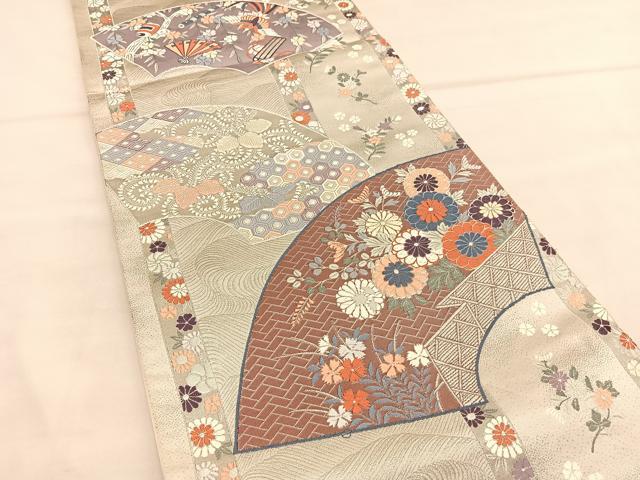 平和屋着物◎六通柄袋帯 唐織 献上扇面菊花文 プラチナ箔 正絹 逸品 BAAU1547hv