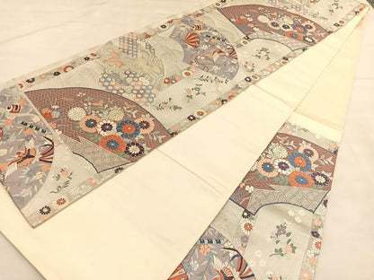 平和屋着物◎六通柄袋帯 唐織 献上扇面菊花文 プラチナ箔 正絹 逸品 BAAU1547hv