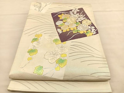 平和屋着物◎六通柄袋帯 駒刺繍 蔦の葉秋草文 金銀彩 引箔 正絹 逸品 BAAU1554hv