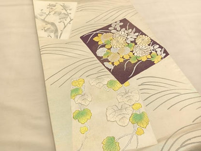 平和屋着物◎六通柄袋帯 駒刺繍 蔦の葉秋草文 金銀彩 引箔 正絹 逸品 BAAU1554hv