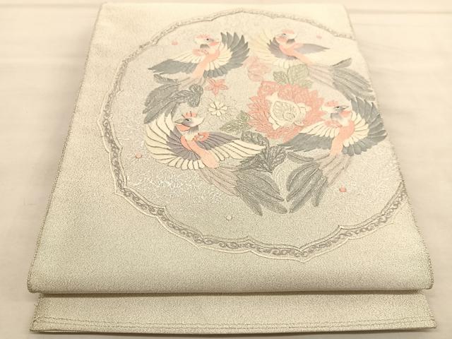 平和屋着物◎太鼓柄袋帯　総刺繍　綴れ　鳳凰花絵皿　銀糸　正絹　逸品　BAAU1558hv