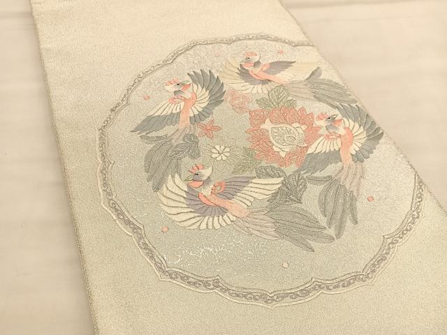 平和屋着物◎太鼓柄袋帯　総刺繍　綴れ　鳳凰花絵皿　銀糸　正絹　逸品　BAAU1558hv