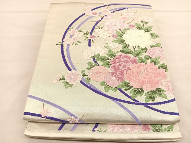 平和屋着物◎六通柄袋帯　唐織　結び紐花文　銀糸　正絹　逸品　BAAU1571hv