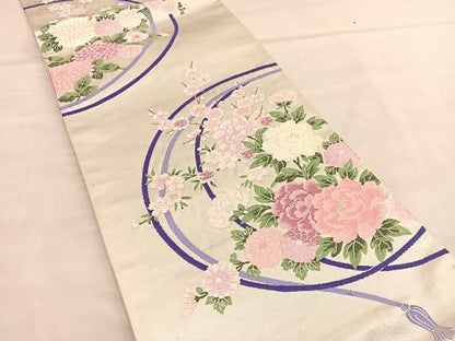 平和屋着物◎六通柄袋帯　唐織　結び紐花文　銀糸　正絹　逸品　BAAU1571hv