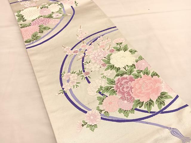 平和屋着物◎六通柄袋帯　唐織　結び紐花文　銀糸　正絹　逸品　BAAU1571hv