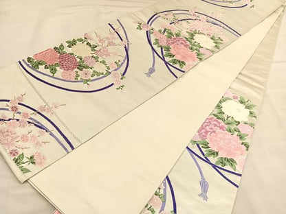 平和屋着物◎六通柄袋帯　唐織　結び紐花文　銀糸　正絹　逸品　BAAU1571hv