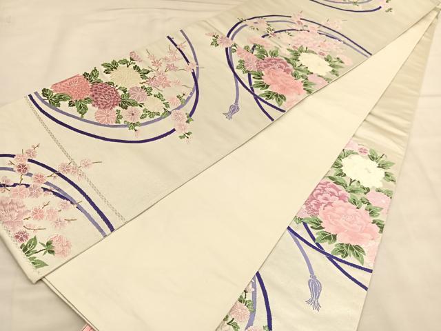 平和屋着物◎六通柄袋帯　唐織　結び紐花文　銀糸　正絹　逸品　BAAU1571hv