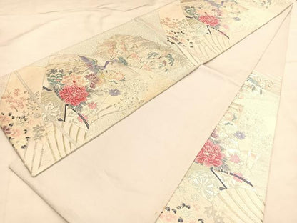 平和屋着物◎六通柄袋帯 唐織 孔雀扇面花車文 銀糸 正絹 逸品 BAAU1594hv