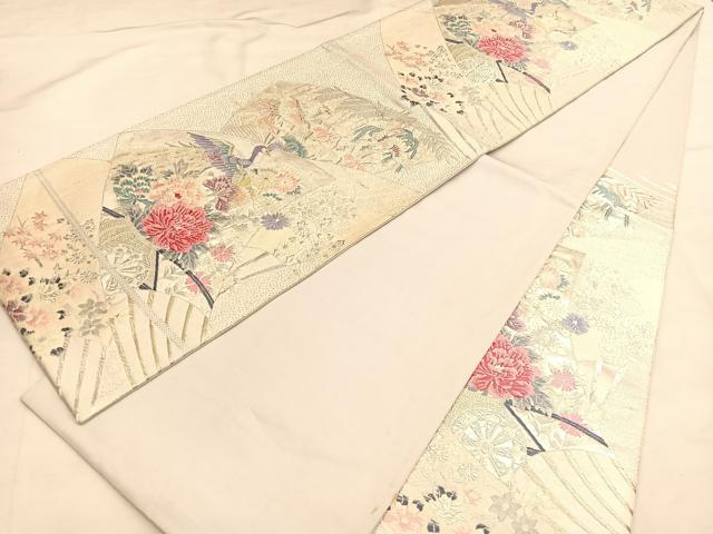 平和屋着物◎六通柄袋帯 唐織 孔雀扇面花車文 銀糸 正絹 逸品 BAAU1594hv