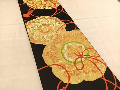 平和屋着物◎六通柄袋帯 唐織 鏡裏花文 黒地 金糸 正絹 逸品 BAAU1599hv