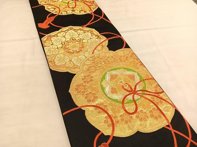 平和屋着物◎六通柄袋帯 唐織 鏡裏花文 黒地 金糸 正絹 逸品 BAAU1599hv
