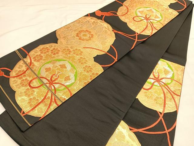 平和屋着物◎六通柄袋帯 唐織 鏡裏花文 黒地 金糸 正絹 逸品 BAAU1599hv