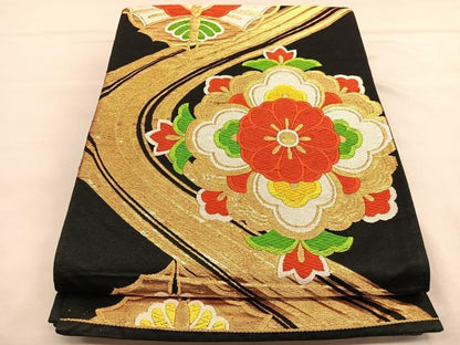 平和屋着物◎六通柄袋帯　唐織　流水花文　黒地　金糸　正絹　逸品　BAAU1607hv