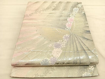 平和屋着物◎六通柄袋帯　唐織　花蝶文　銀糸　正絹　逸品　BAAU1609hv