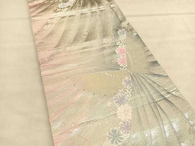 平和屋着物◎六通柄袋帯　唐織　花蝶文　銀糸　正絹　逸品　BAAU1609hv