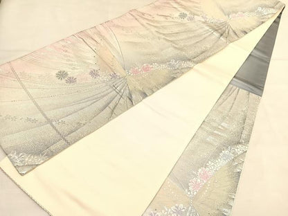 平和屋着物◎六通柄袋帯　唐織　花蝶文　銀糸　正絹　逸品　BAAU1609hv