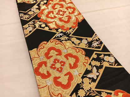 平和屋着物◎六通柄袋帯　唐織　花蝶文　黒地　金銀糸　正絹　逸品　BAAU1625hv