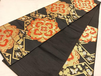 平和屋着物◎六通柄袋帯　唐織　花蝶文　黒地　金銀糸　正絹　逸品　BAAU1625hv