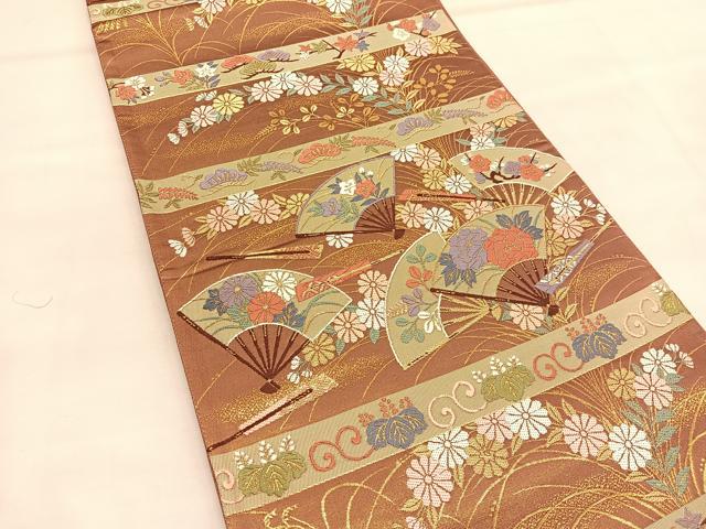 平和屋着物◎六通柄袋帯　唐織　光悦錦　シルクロード　扇面花文　金糸　正絹　逸品　BAAU1634hv