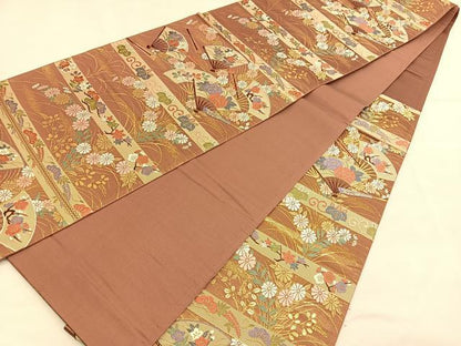 平和屋着物◎六通柄袋帯　唐織　光悦錦　シルクロード　扇面花文　金糸　正絹　逸品　BAAU1634hv