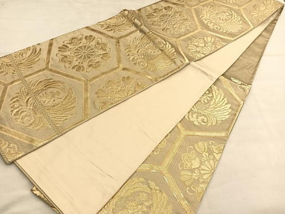 平和屋着物◎六通柄袋帯　鳳凰亀甲花文　金糸　正絹　逸品　BAAU1651hv