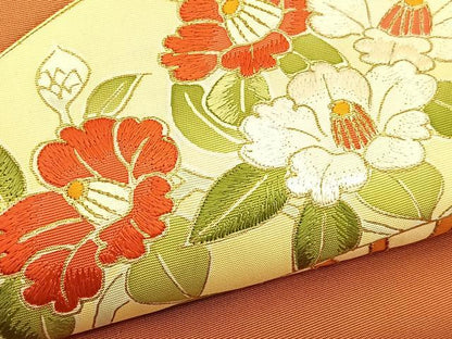 平和屋着物●塩瀬 九寸名古屋帯 駒刺繍 流水扇面椿 金彩 正絹 逸品 BAAU1850hv