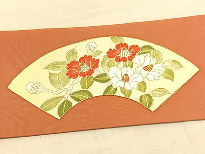平和屋着物●塩瀬 九寸名古屋帯 駒刺繍 流水扇面椿 金彩 正絹 逸品 BAAU1850hv