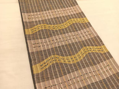 平和屋着物●太鼓柄袋帯 紬地 横段文 金糸 正絹 逸品 未使用 BAAU1870hv