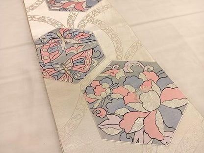平和屋着物◎六通柄袋帯　亀甲花蝶文　純銀　正絹　逸品　BAAU1975hv