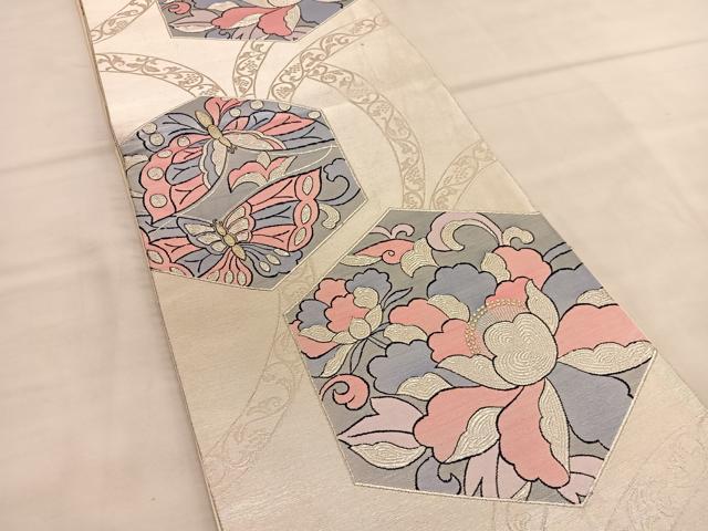 平和屋着物◎六通柄袋帯　亀甲花蝶文　純銀　正絹　逸品　BAAU1975hv
