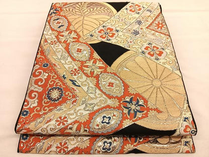 平和屋着物◎六通柄　本袋帯　唐織　飾花菊丸文　黒地　金糸　正絹　逸品　BAAU1977hv