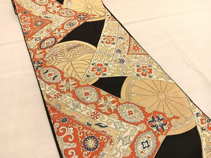 平和屋着物◎六通柄　本袋帯　唐織　飾花菊丸文　黒地　金糸　正絹　逸品　BAAU1977hv