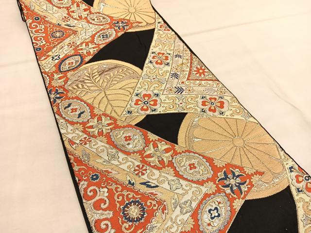 平和屋着物◎六通柄　本袋帯　唐織　飾花菊丸文　黒地　金糸　正絹　逸品　BAAU1977hv